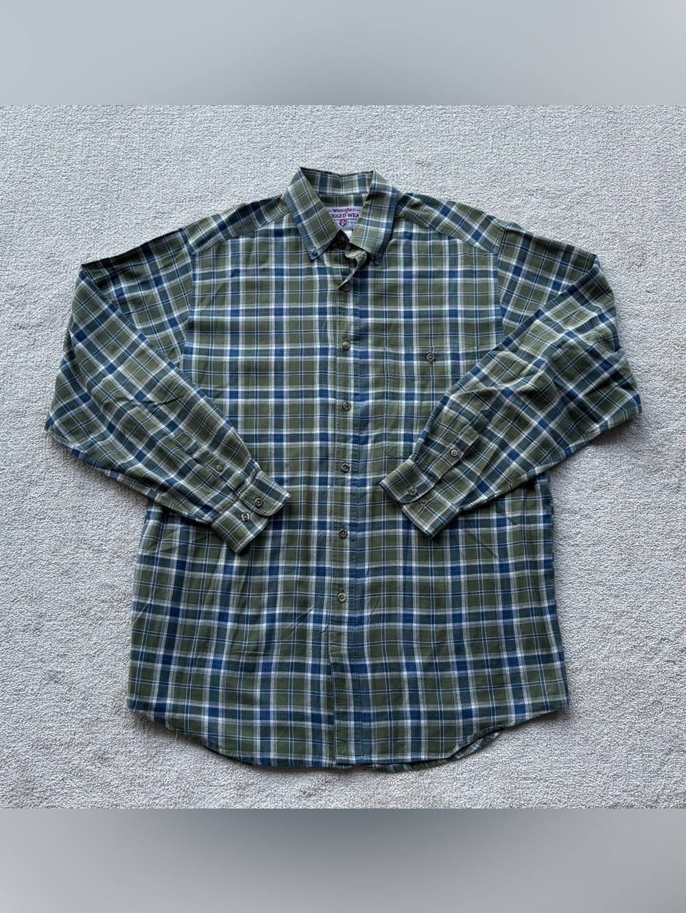 Wrangler Olive and Blue Plaid Casual Button-Down Shirt